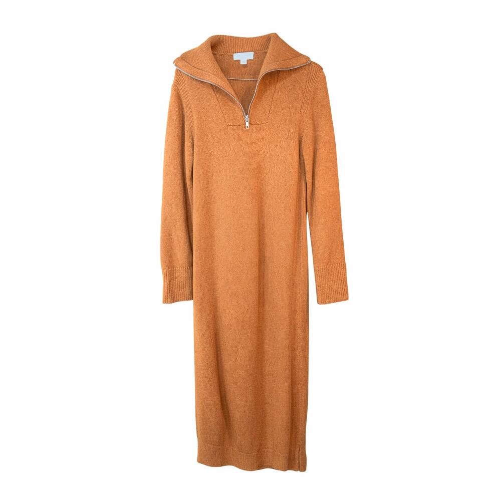 Burnt Orange Long Sleeve Ribbed Zip Mock Neck Midi Dress Cozy Minimal Chic XS